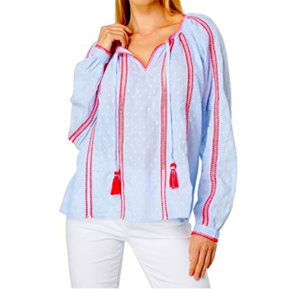 Lilly Pulitzer Blouse Shirt Womens Small‎ Mardi Long Sleeve Chambray Peasant Top